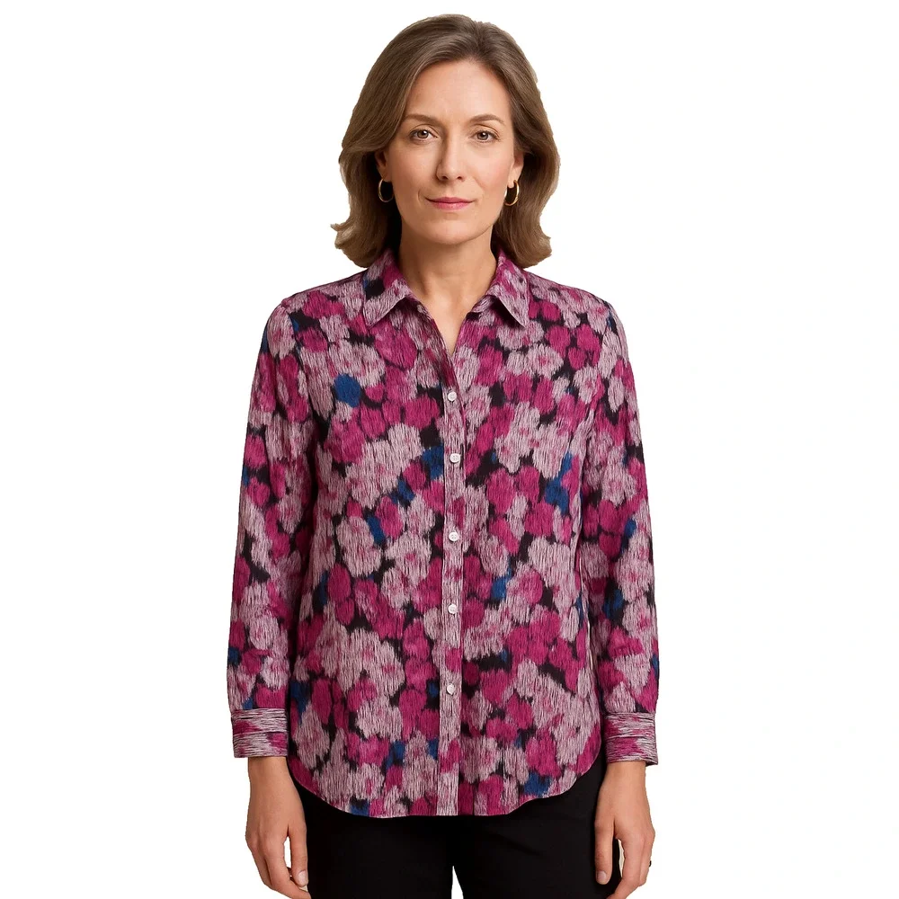 Chico's Women Silk Top Size 3 US XL Long Sleeve Floral Button Up Mature Colorful